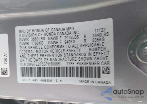 2023 Honda Civic Sport из США, поврежденный, VIN 2HGFE2F53PH500851